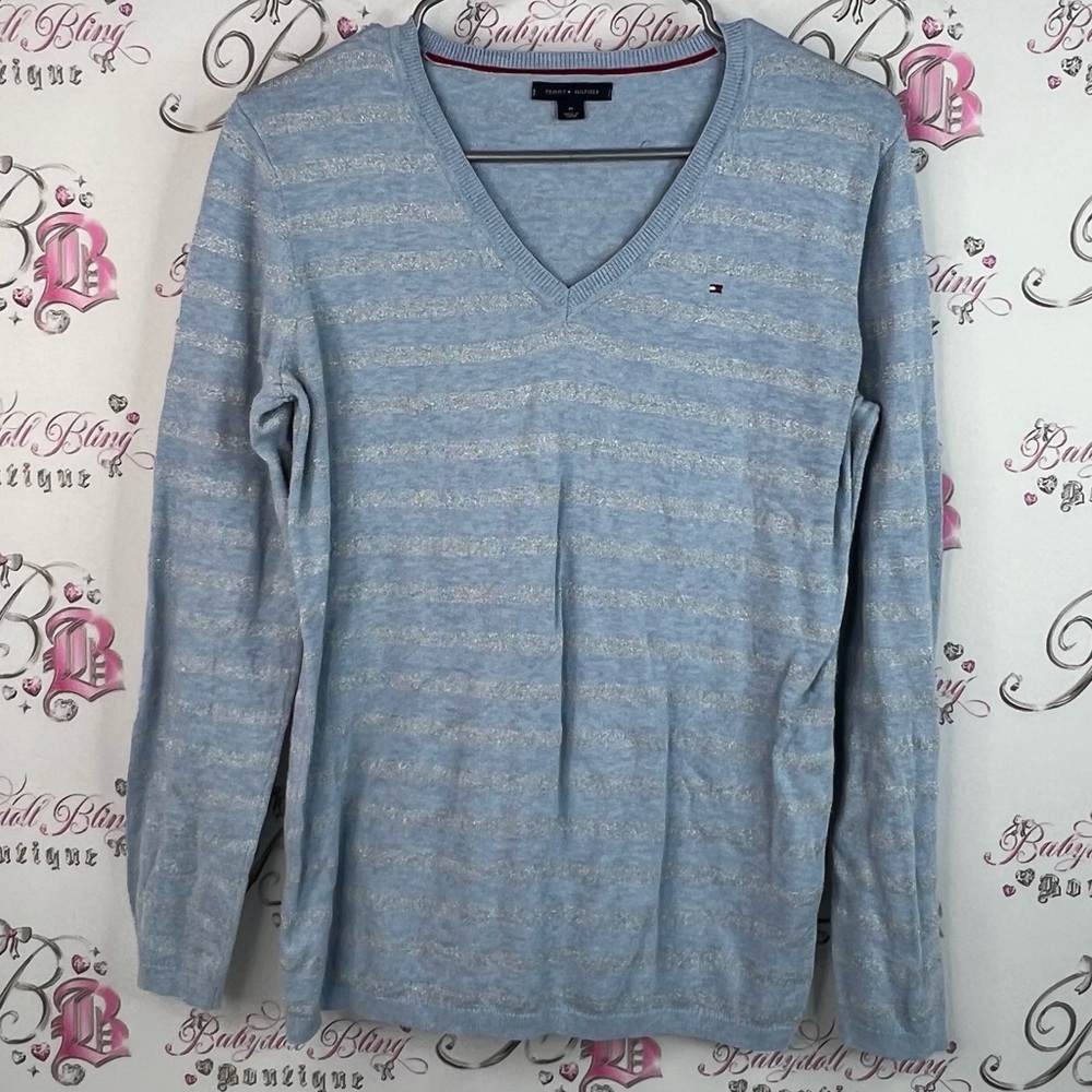Tommy Hilfiger long sleeve sparkly striped silver Sky Blue V-Neck Sweater shiny